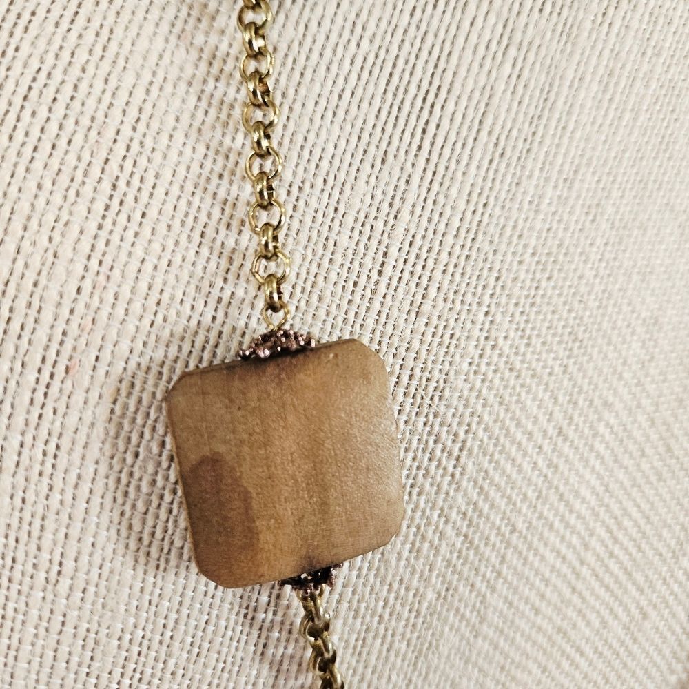 Vintage Wooden Earthy Beaded Geometric Chunky Artisan Folk Art Chain Necklace - Picture 4 of 9